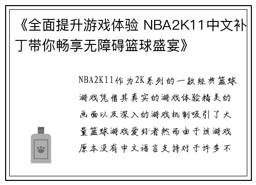 《全面提升游戏体验 NBA2K11中文补丁带你畅享无障碍篮球盛宴》